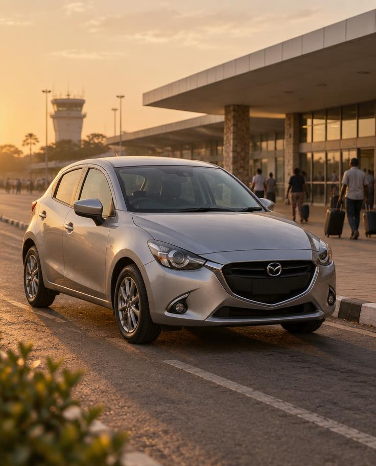 Silver 2014 hatchback parked at the airport kerb in warm evening light