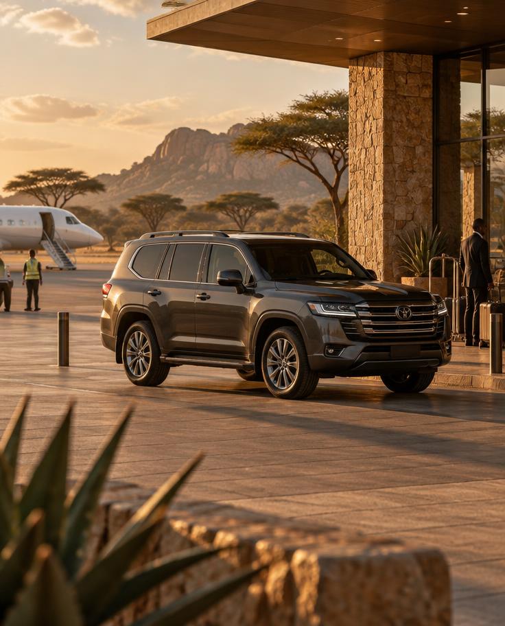 Dark SUV parked on the airport forecourt with acacia trees behind
